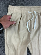 Mens 100% Linen Drawstring Shorts M Beige Elastic Waist Casual Beach Resort
