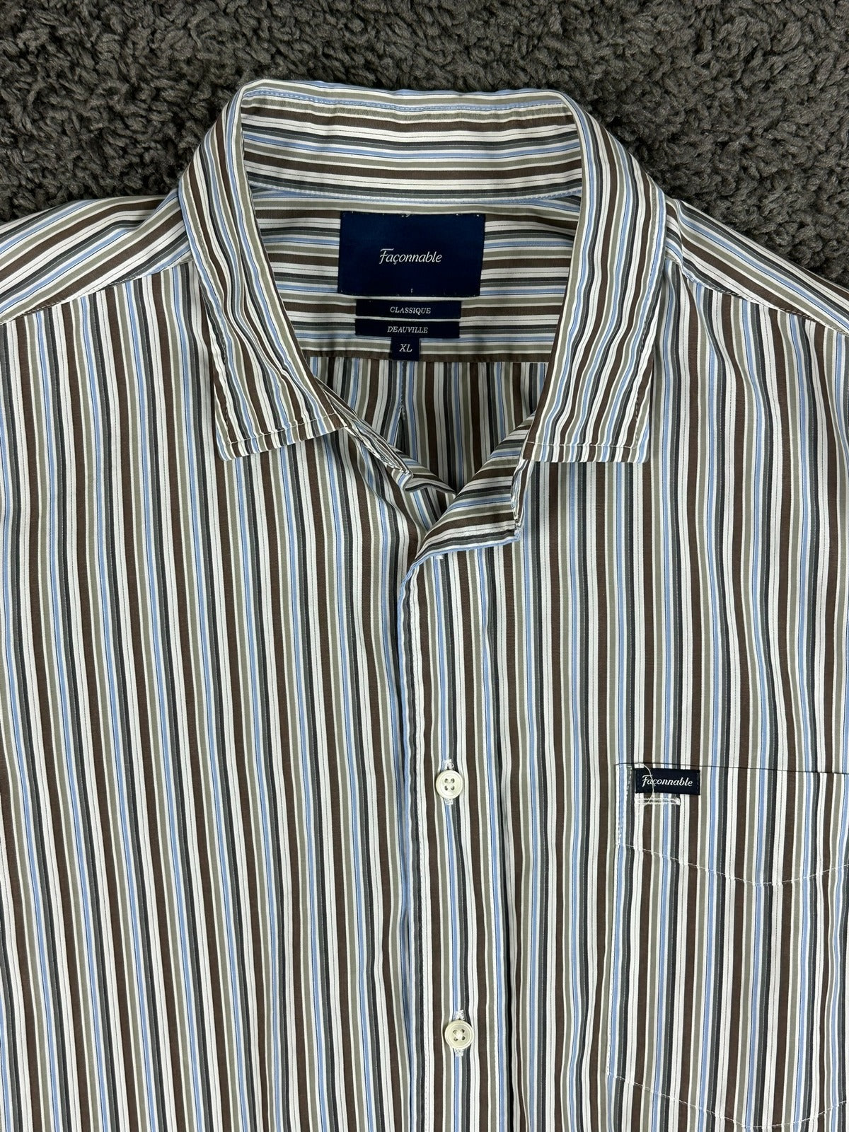 Faconnable Mens XL Shirt Classique Deauville BrownBlue Striped Button Up