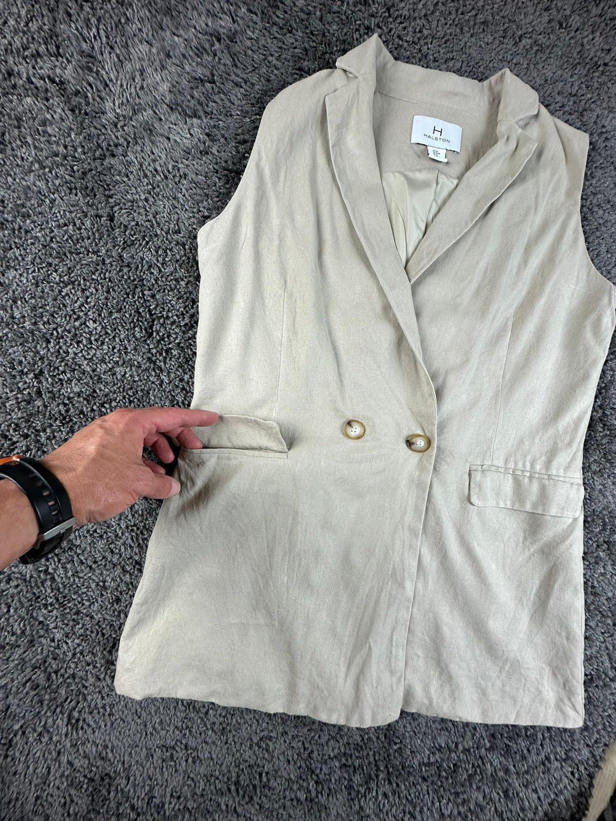 Halston Womens Medium Beige Linen Blend Sleeveless Blazer Vest Double Breasted