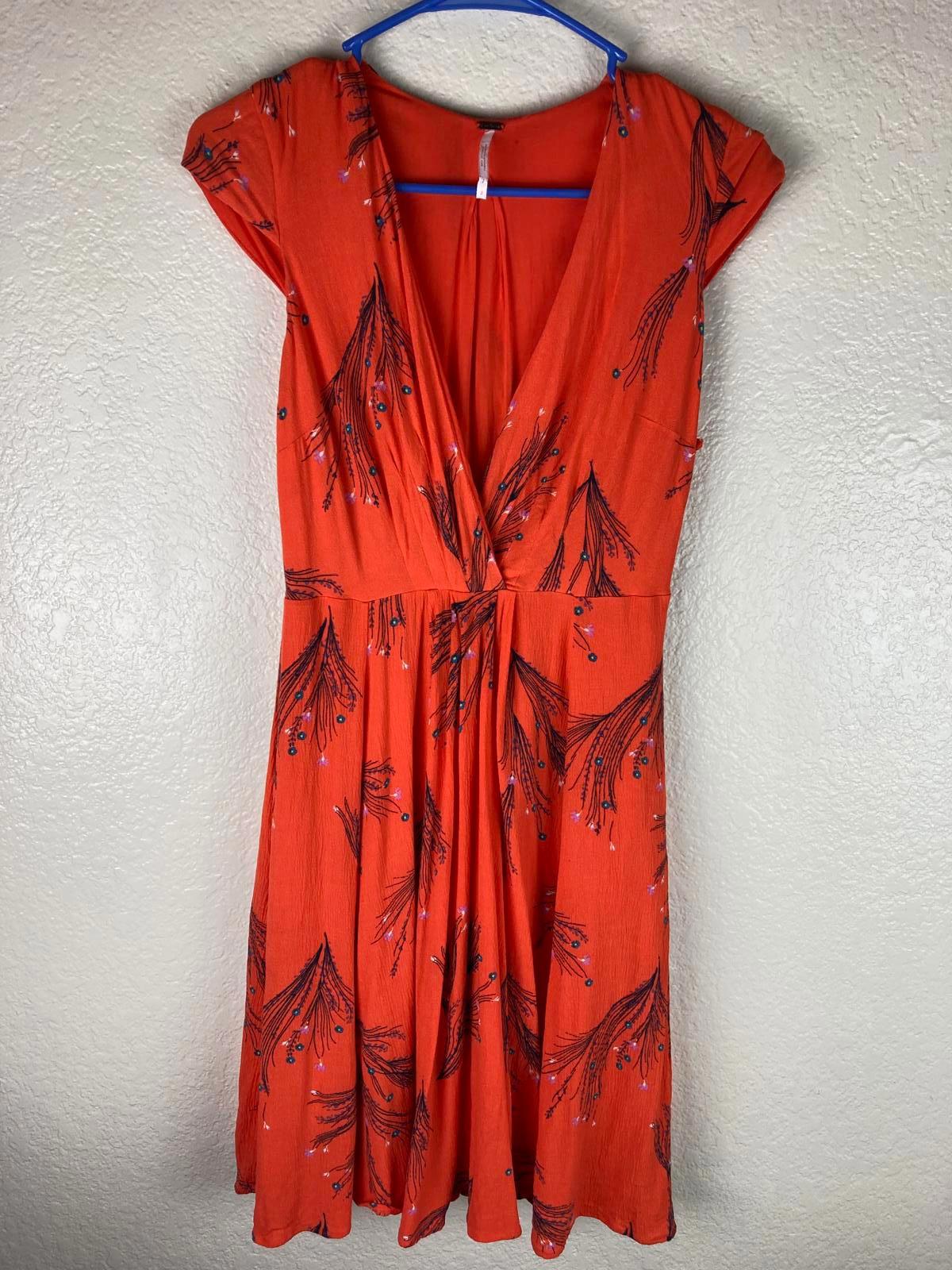Free People Dress Bright Orange Floral Cap Sleeve Knee Length  Size 2 Lined