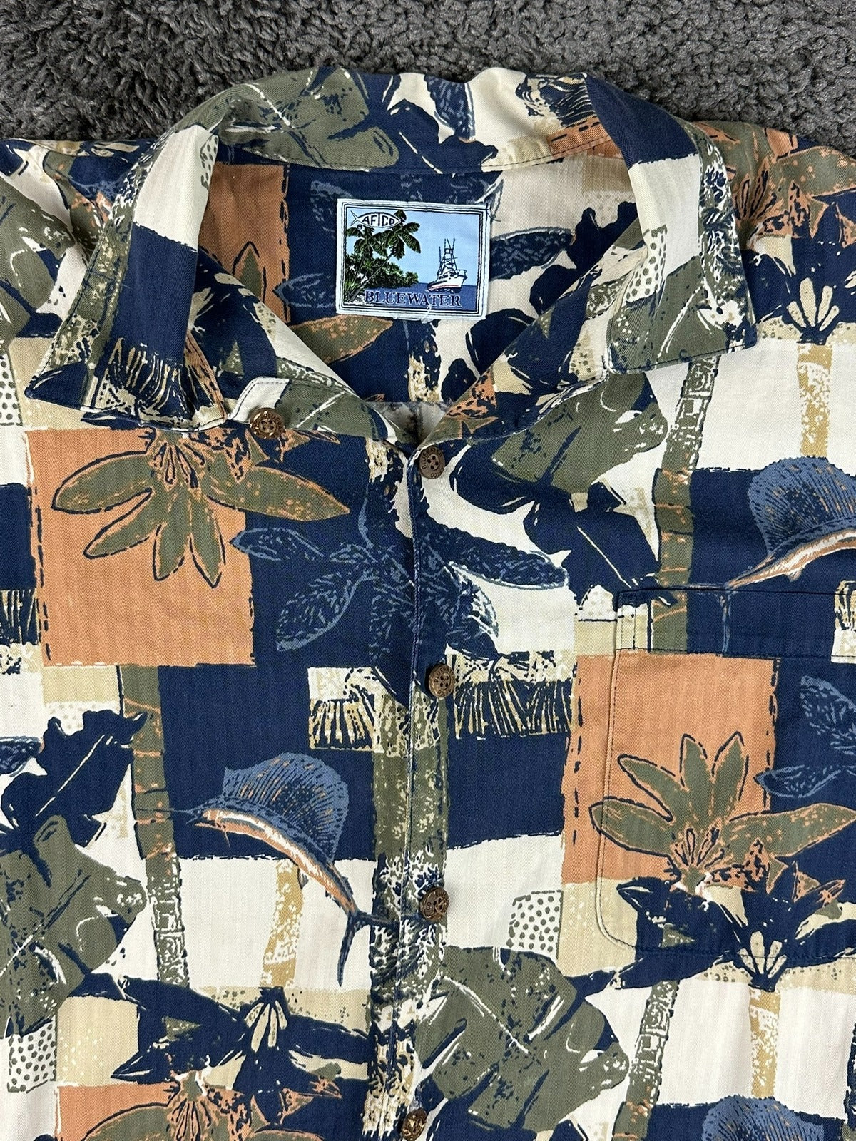 AFTCO Bluewater Mens Large L Hawaiian Fishing Shirt Marlin Sailfish Tropical