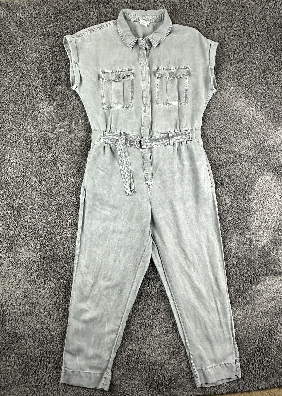 Nicole Miller New York Womens Utility Jumpsuit Size 8 Gray Linen Blend Belted
