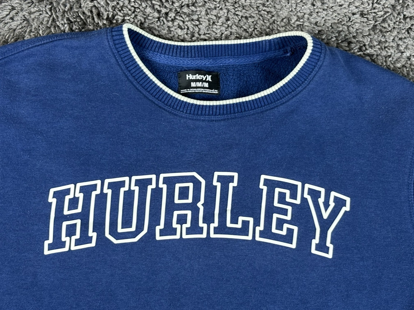 Hurley Mens M Blue Varsity Logo Crewneck Fleece Sweatshirt Ribbed Side Panels