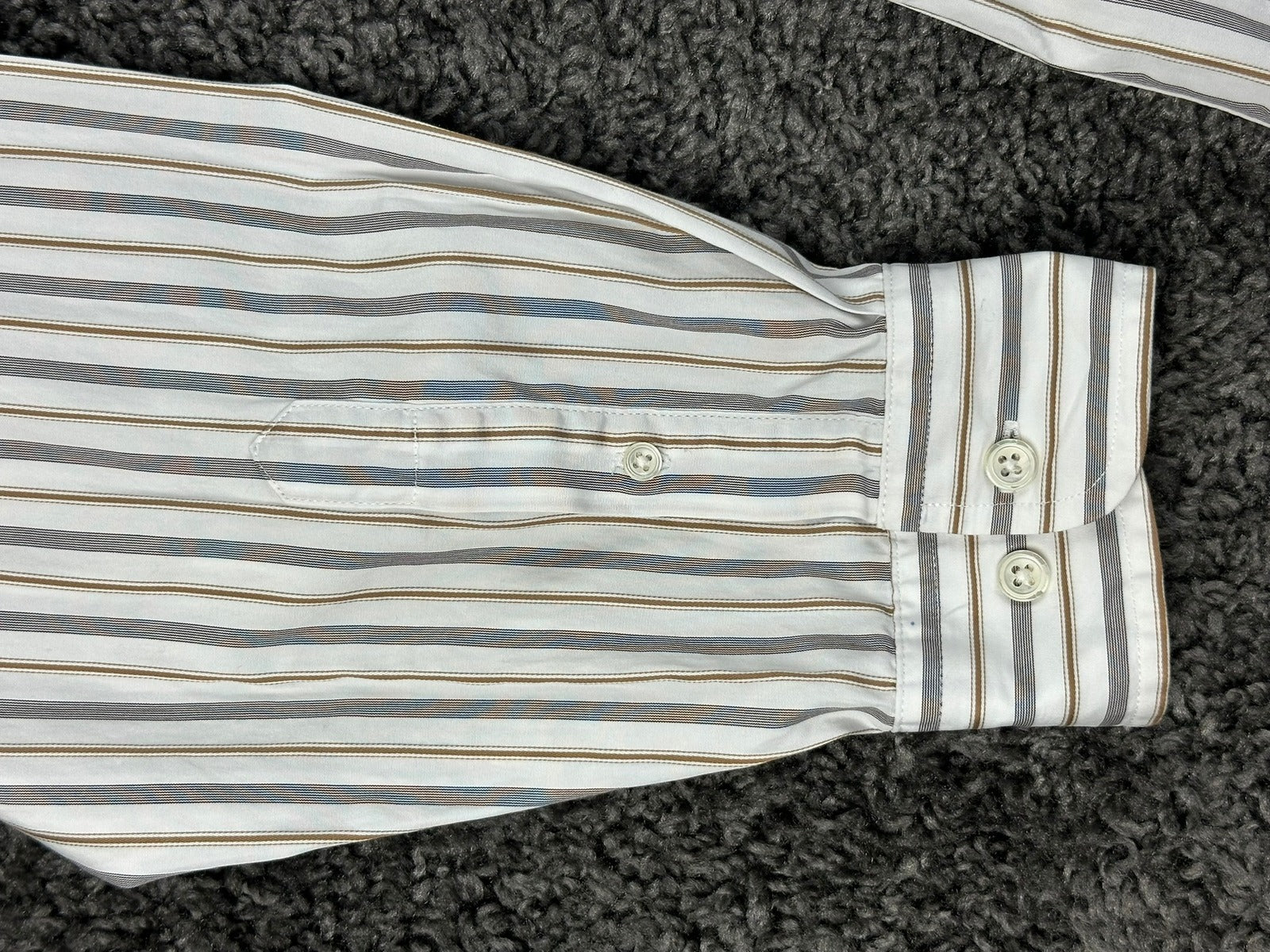 Faconnable Mens Striped Button Down Shirt White Gray Tan Size XL Relaxed Fit