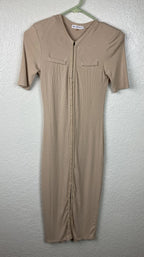 Avec Les Filles HALF Sleeve Military-Inspired Rib Knit Midi Dress Beige Size M