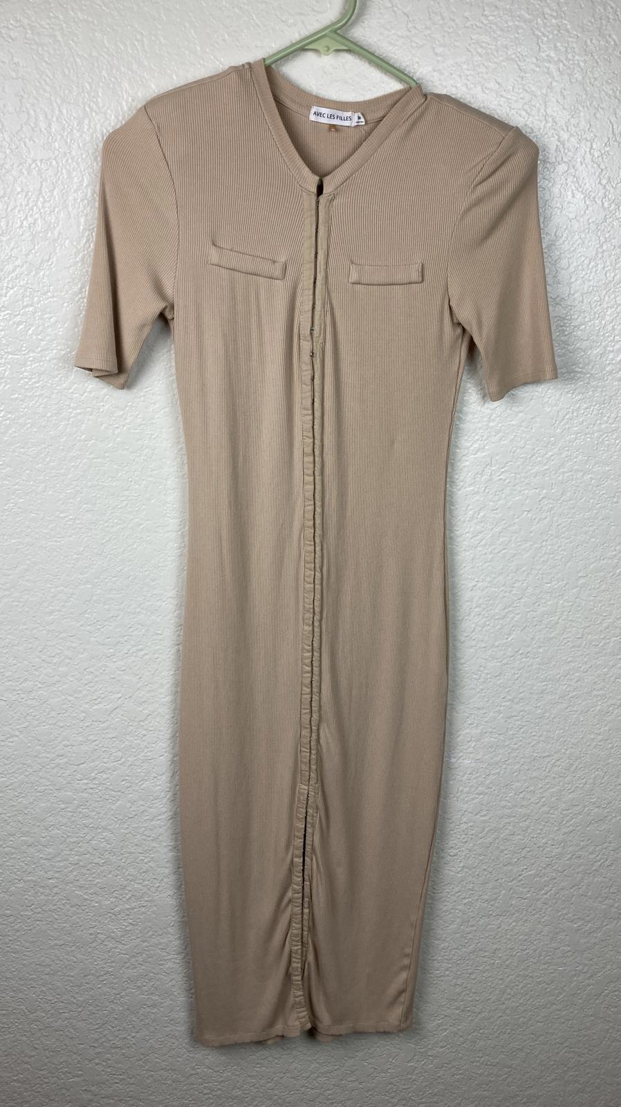 Avec Les Filles HALF Sleeve Military-Inspired Rib Knit Midi Dress Beige Size M