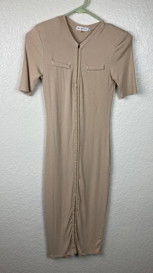 Avec Les Filles HALF Sleeve Military-Inspired Rib Knit Midi Dress Beige Size M