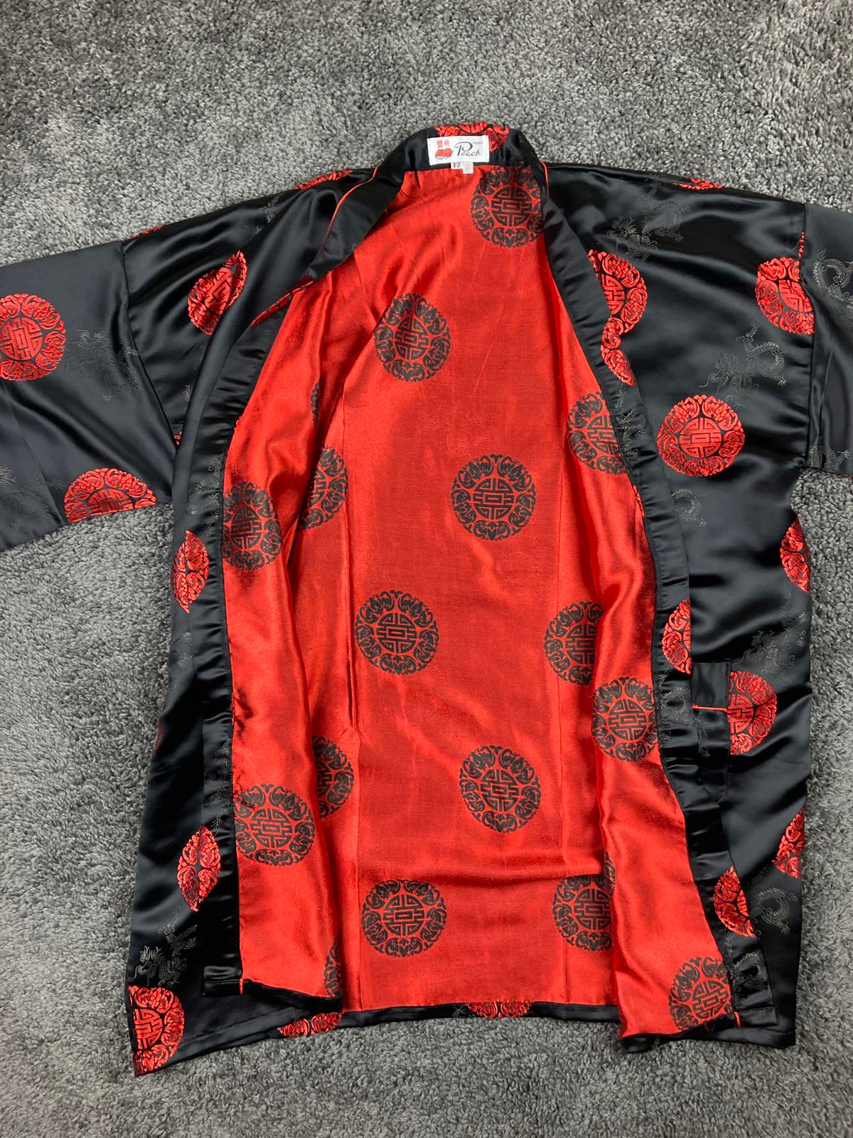 Double Peach Silk Kimono Robe Black Red Dragon Size Small Missing Sash