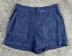 Nicole Miller New York 100% Linen Shorts M Navy Blue Patch Pocket Elastic Waist