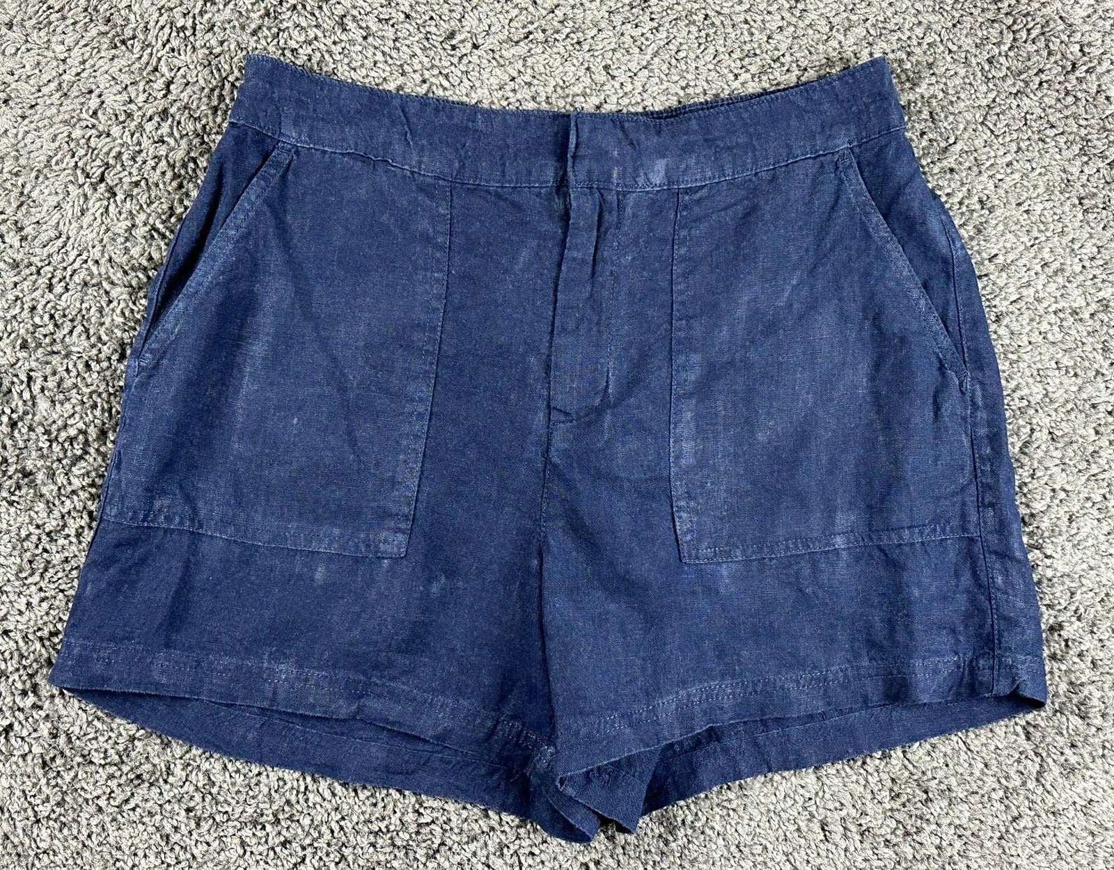 Nicole Miller New York 100% Linen Shorts M Navy Blue Patch Pocket Elastic Waist