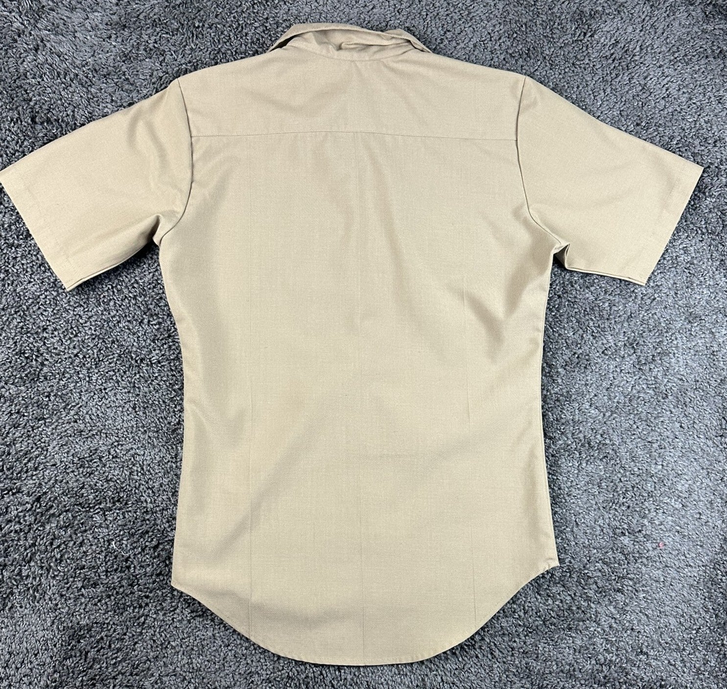 US Navy Khaki Uniform Shirt S Athletic Polyester/Wool Silver Collar Rank Pins