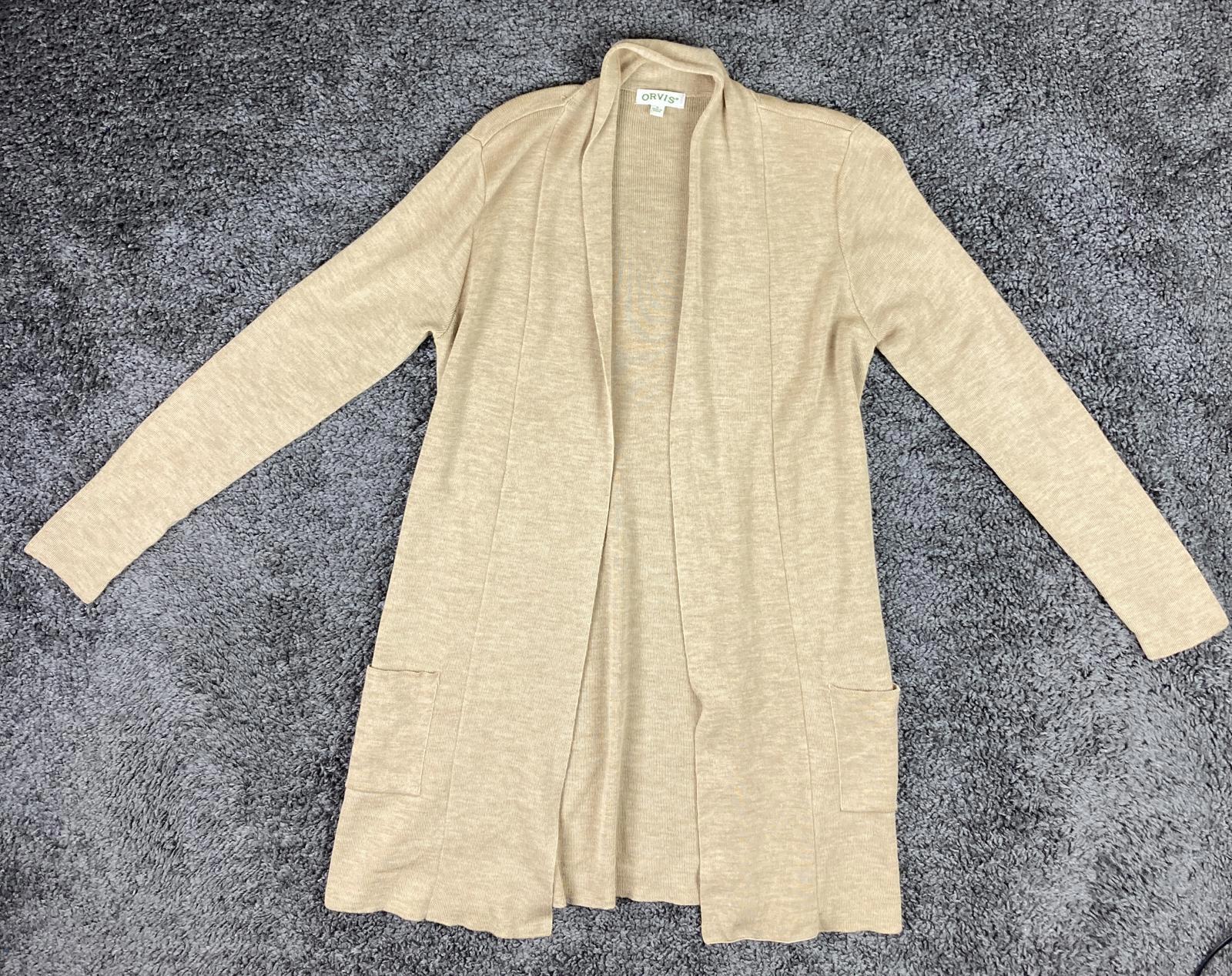 Orvis 100% Merino Wool Open Front Long Cardigan Sweater M Beige