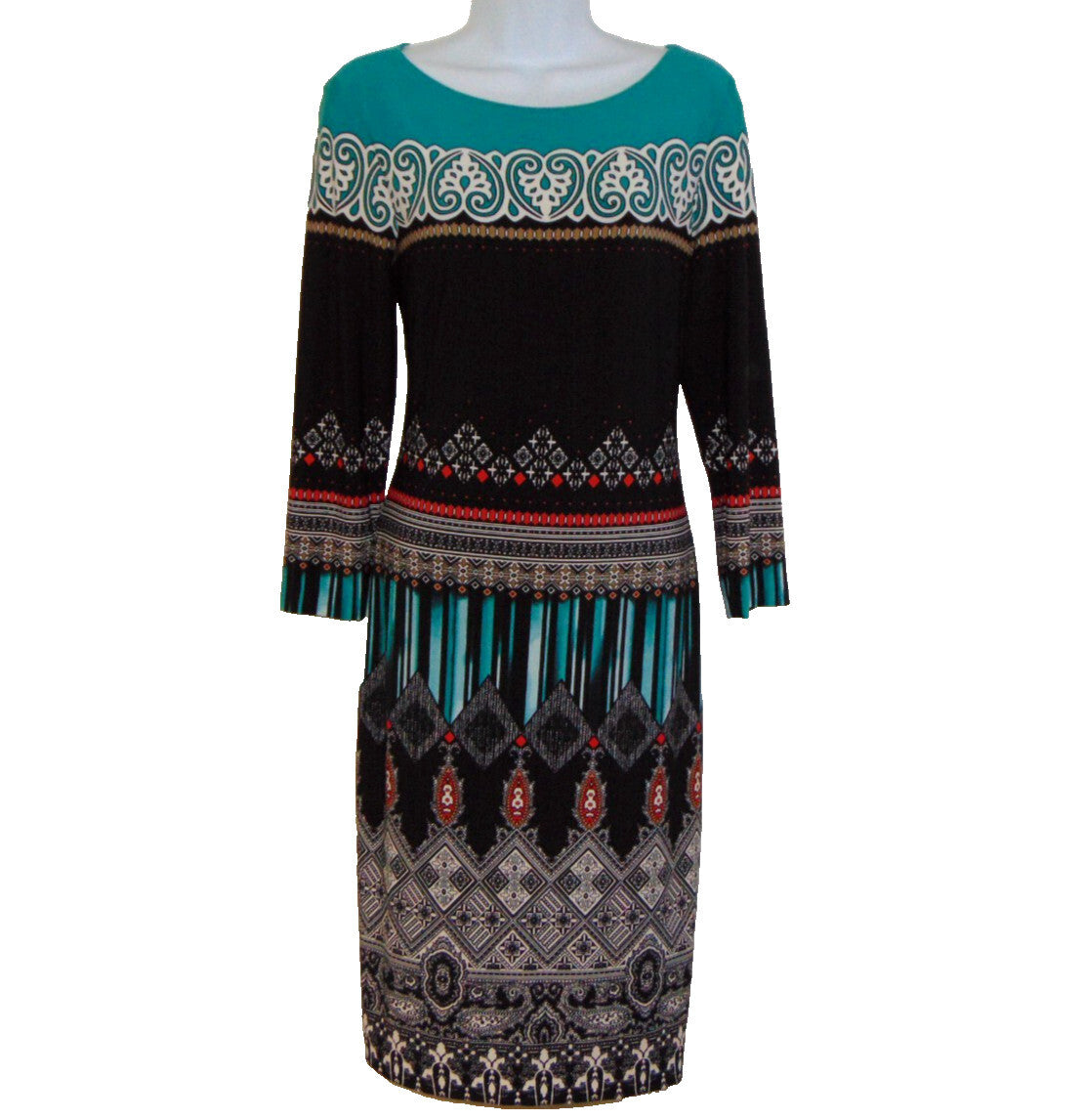 Cache Dress Womens XS Sheath Teal Black Geometric Print Long Sleeve Midi Dress