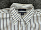Faconnable Mens Striped Button Down Shirt White Gray Tan Size XL Relaxed Fit