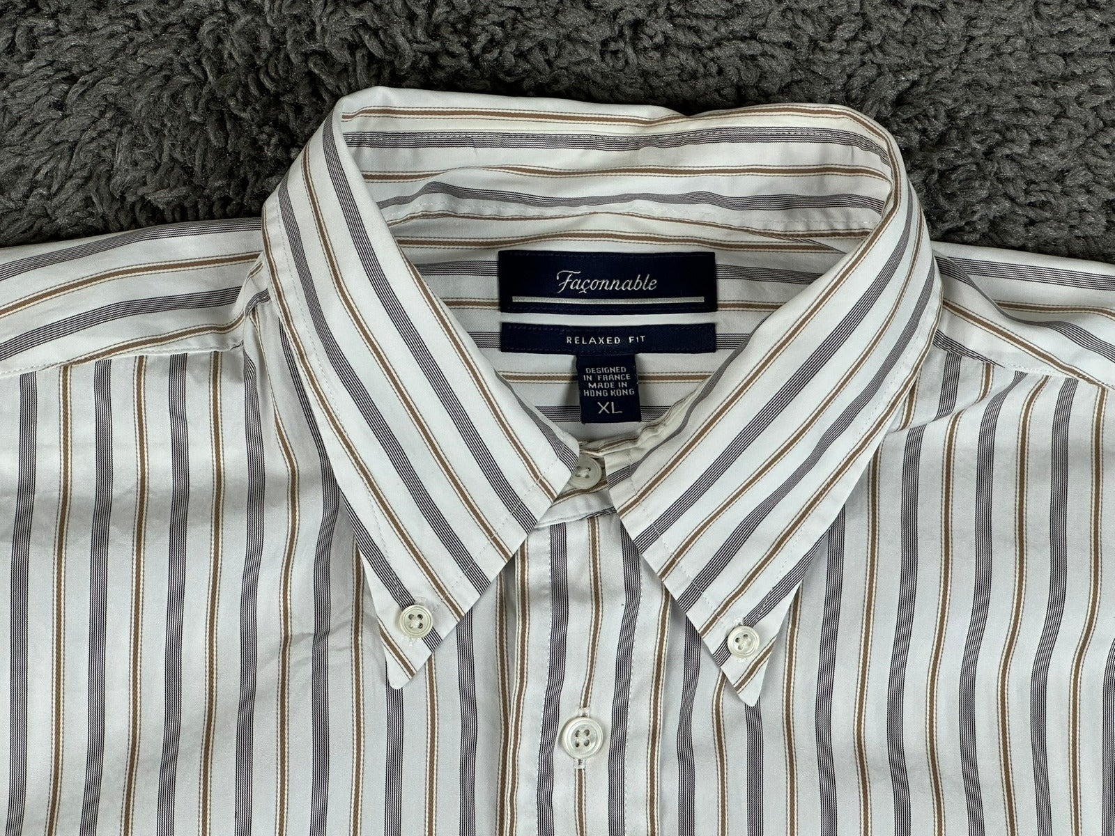 Faconnable Mens Striped Button Down Shirt White Gray Tan Size XL Relaxed Fit