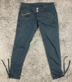 Vntg Jolt Y2K Cargo Pants Black Rhinestone Bling Bolt Drawstring Hem Size 29x28