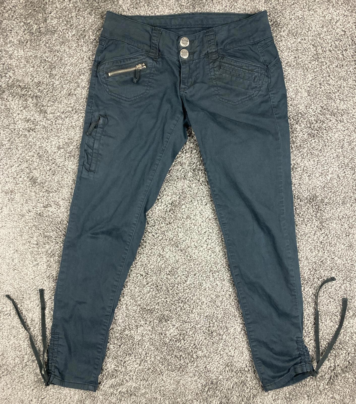 Vntg Jolt Y2K Cargo Pants Black Rhinestone Bling Bolt Drawstring Hem Size 29x28