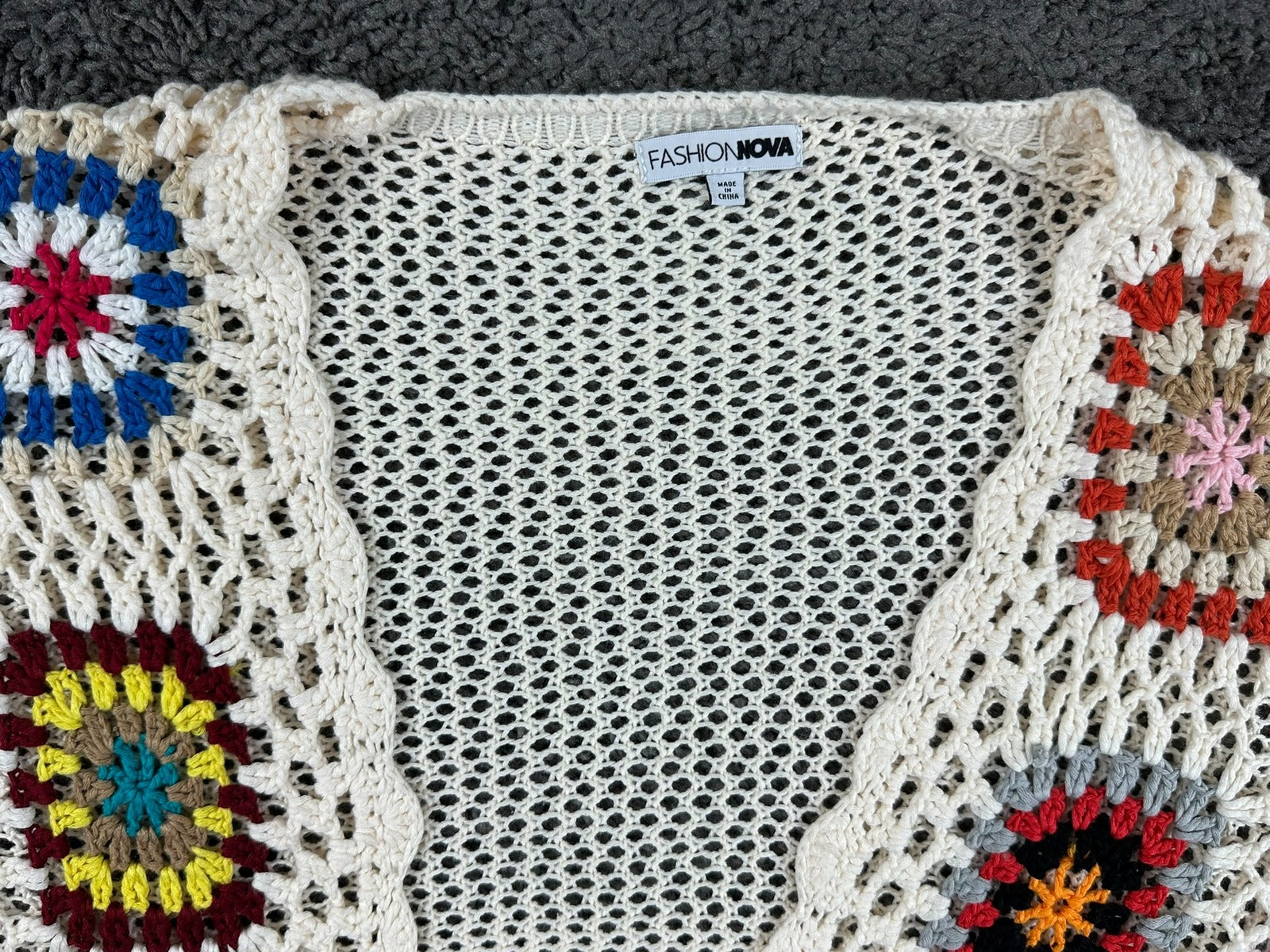 Fashion Nova Womens Crochet Cardigan Large Cream Granny Square Boho Open Knit