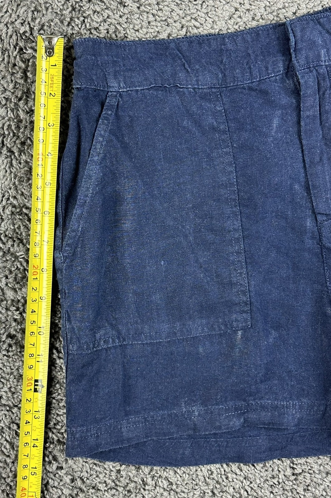 Nicole Miller New York 100% Linen Shorts M Navy Blue Patch Pocket Elastic Waist