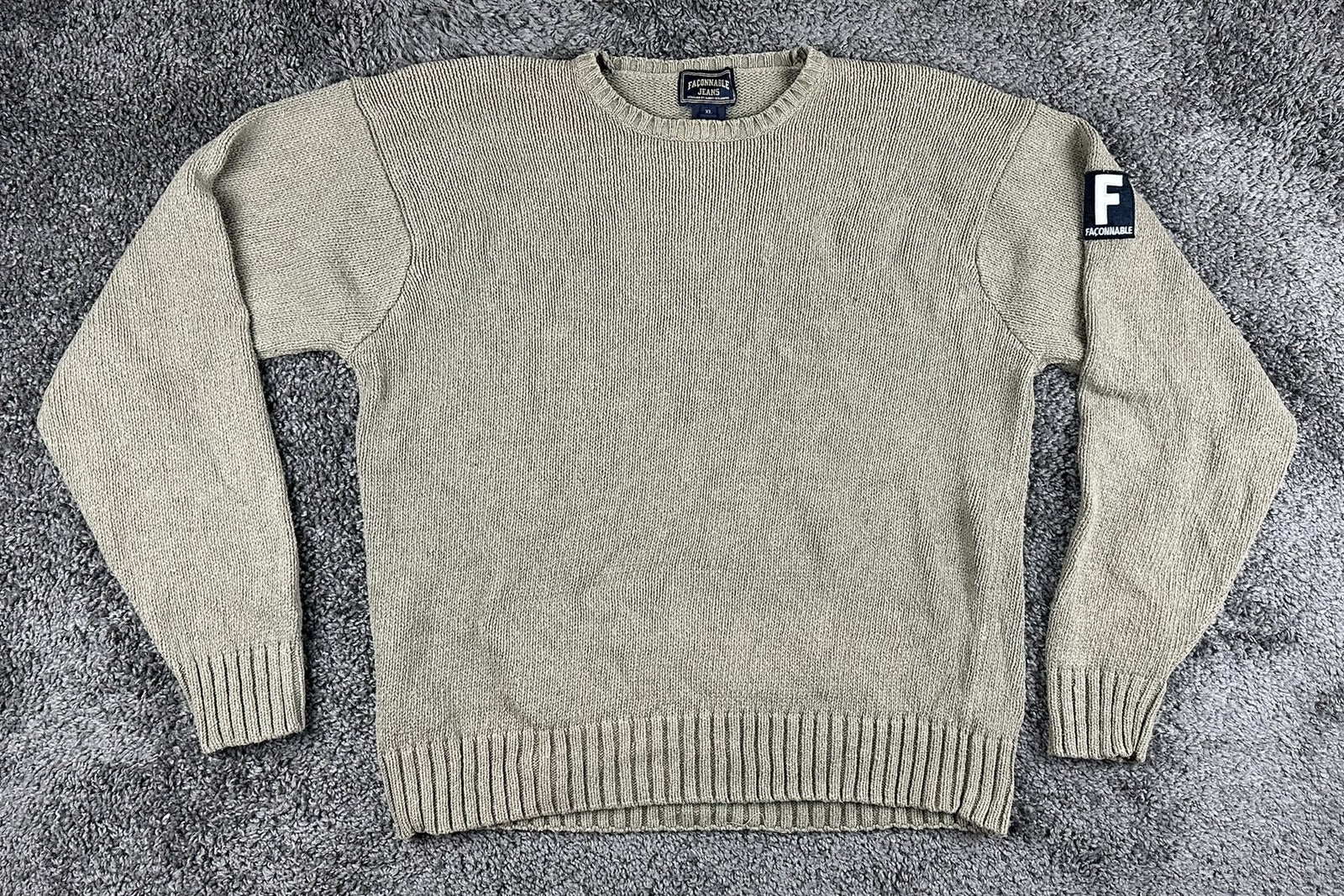 Vtg Faconnable Sweater Mens XL Tan Beige Heavy Cotton Knit Sleeve Patch Pullover
