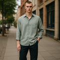 Geoffrey Beene Mens Green Sateen Dress Shirt 17.5 Neck 36 37 Sleeve Button Up