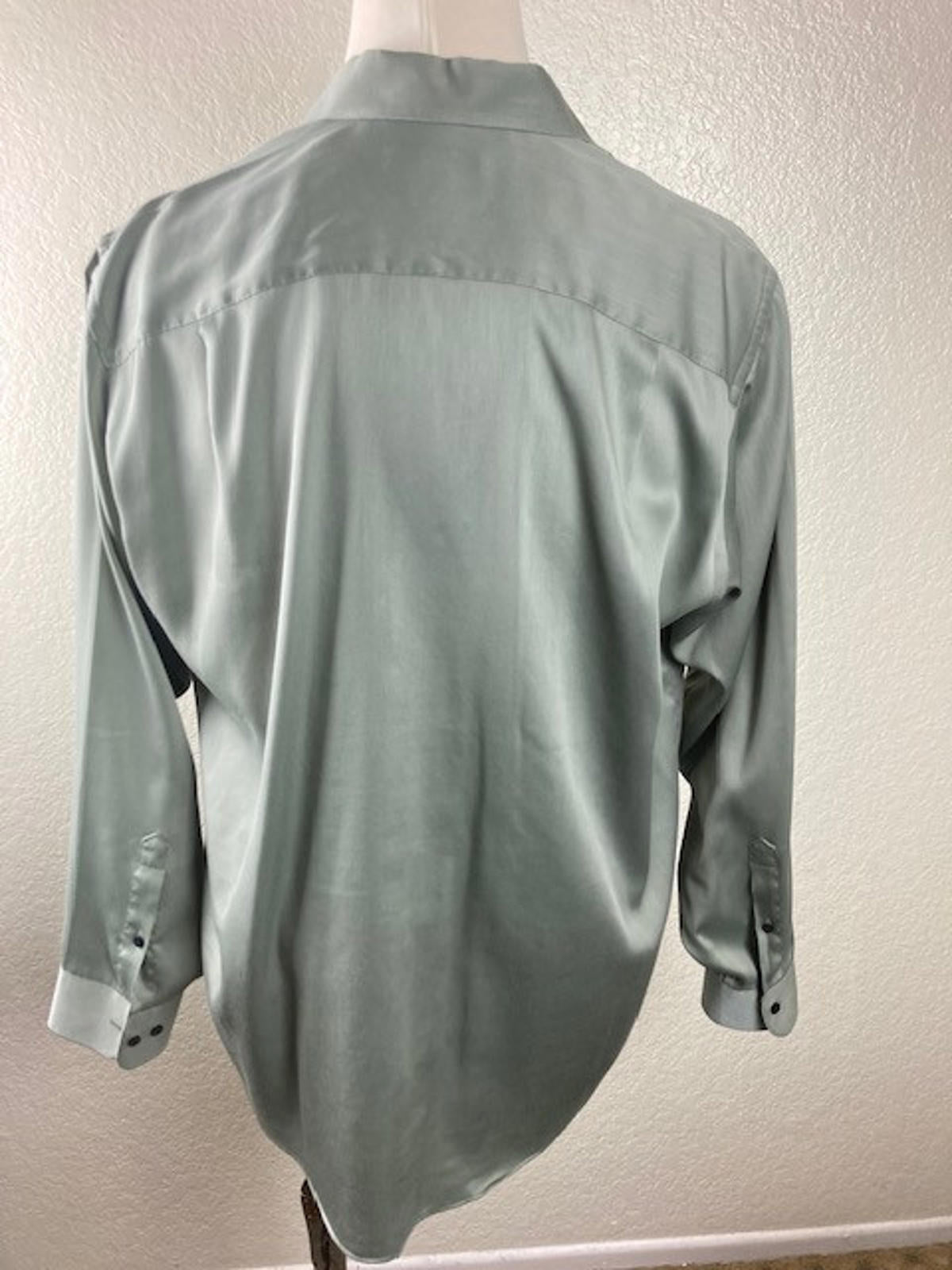 Geoffrey Beene Mens Green Sateen Dress Shirt 17.5 Neck 36 37 Sleeve Button Up