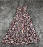 Steve Madden Floral Smocked Maxi Dress S Burgundy Boho Tiered Strappy Sun Dress