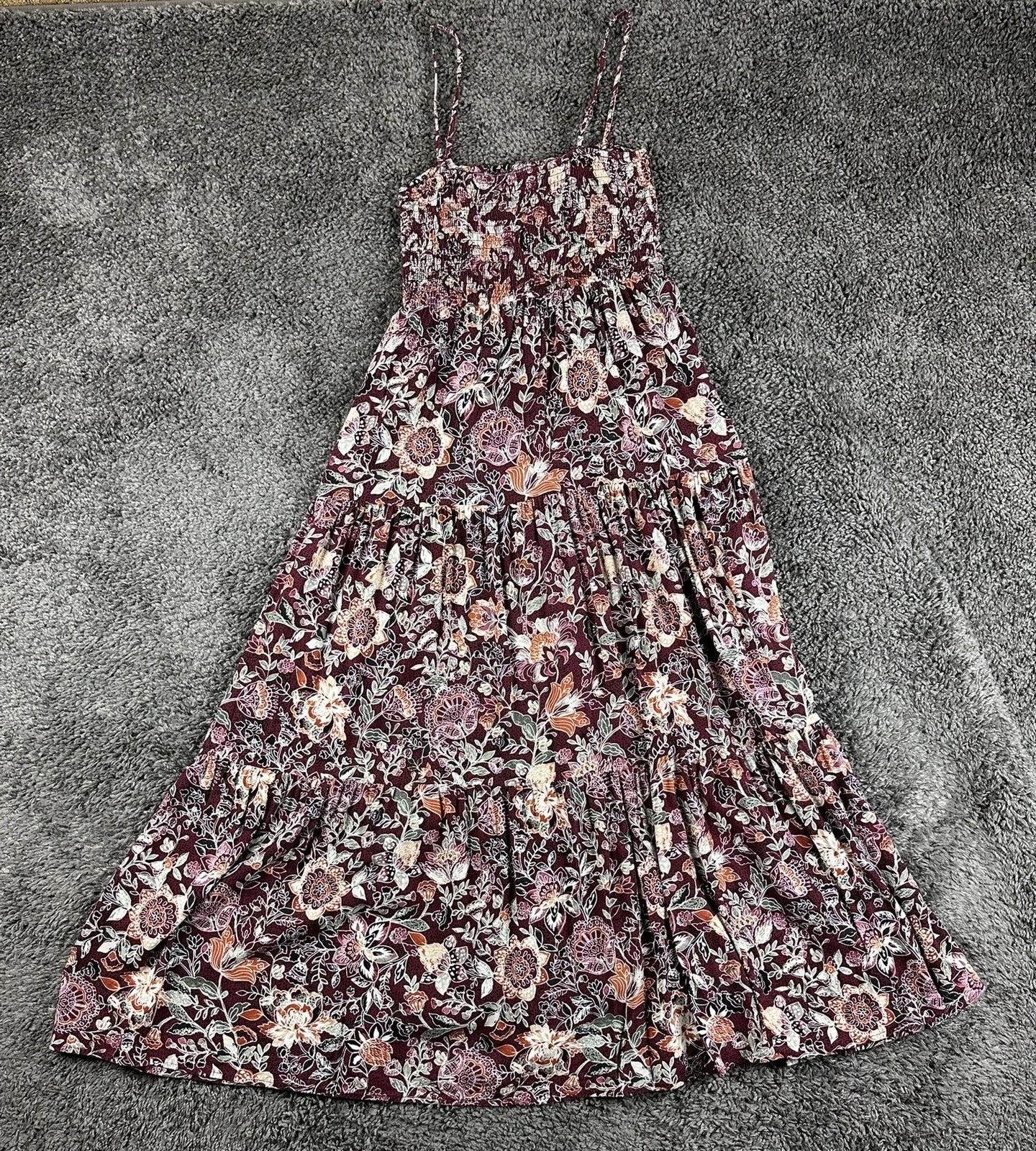 Steve Madden Floral Smocked Maxi Dress S Burgundy Boho Tiered Strappy Sun Dress