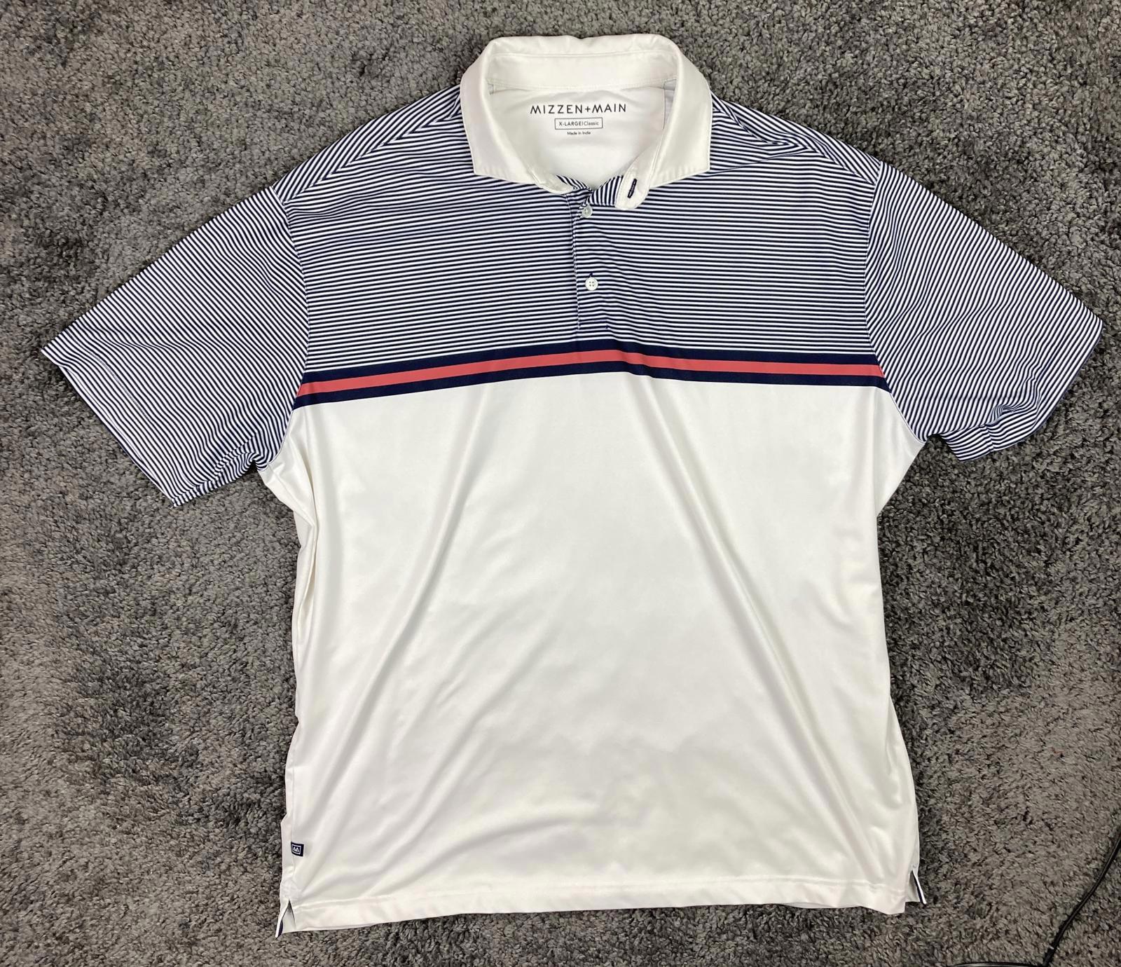 Mizzen+Main Men’s Golf Shirt  Classic Performance Polo White Blue Stripe Size XL