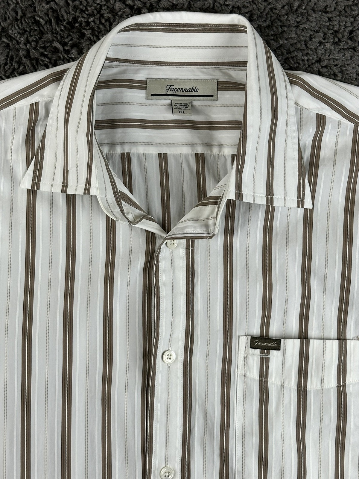 Faconnable Mens XL White Brown Stripe Long Sleeve Button Up Cotton Shirt