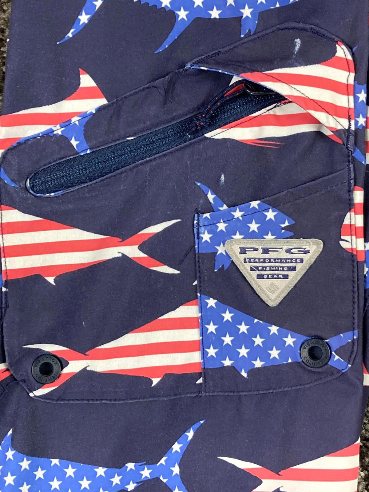 Columbia PFG Men's Fishing Board Shorts American Flag Fish Bottle Opener Sz 32