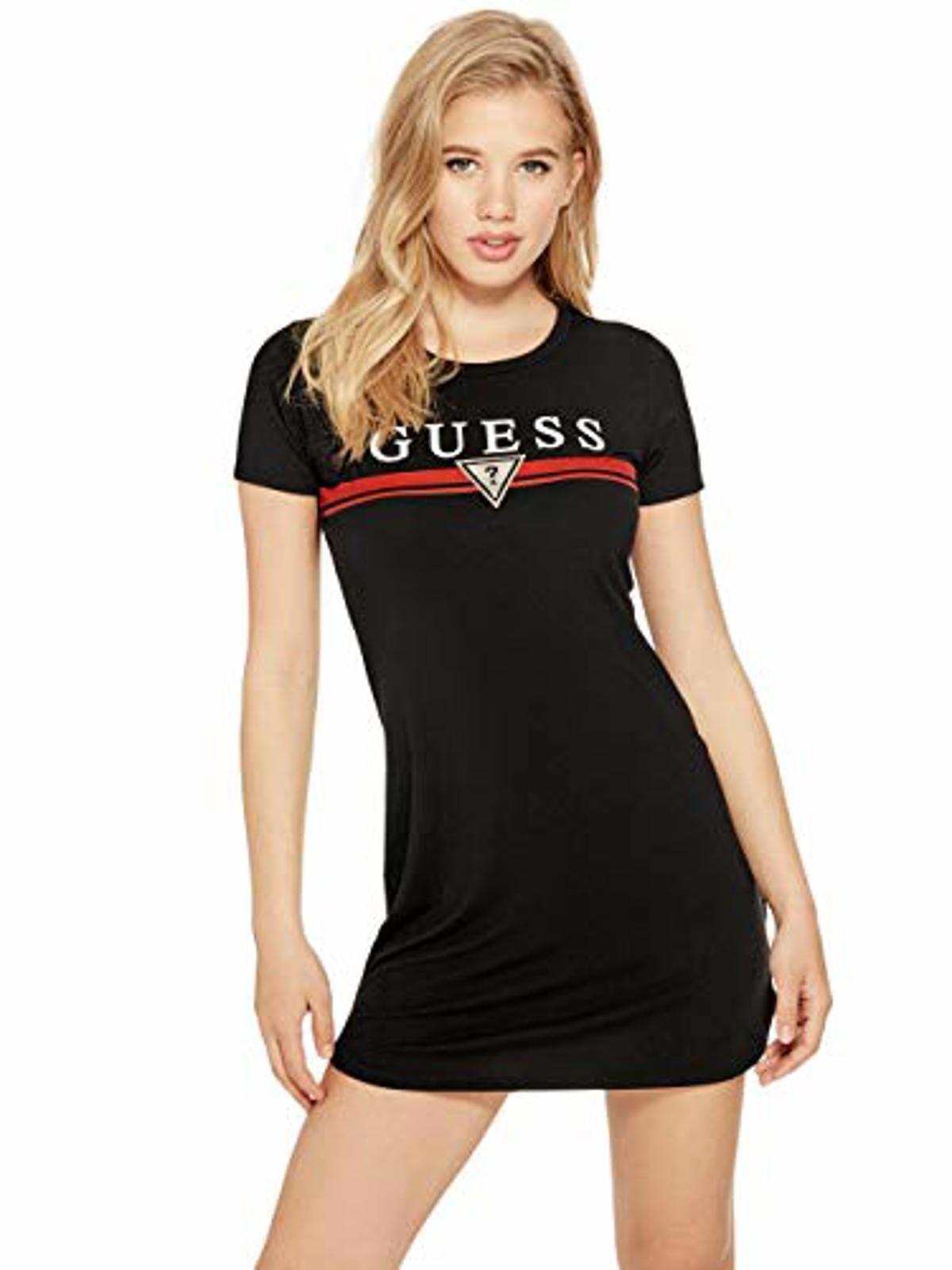 GUESS Los Angeles Triangle Logo Women's Black Shirt Dress Red Metallic Size L