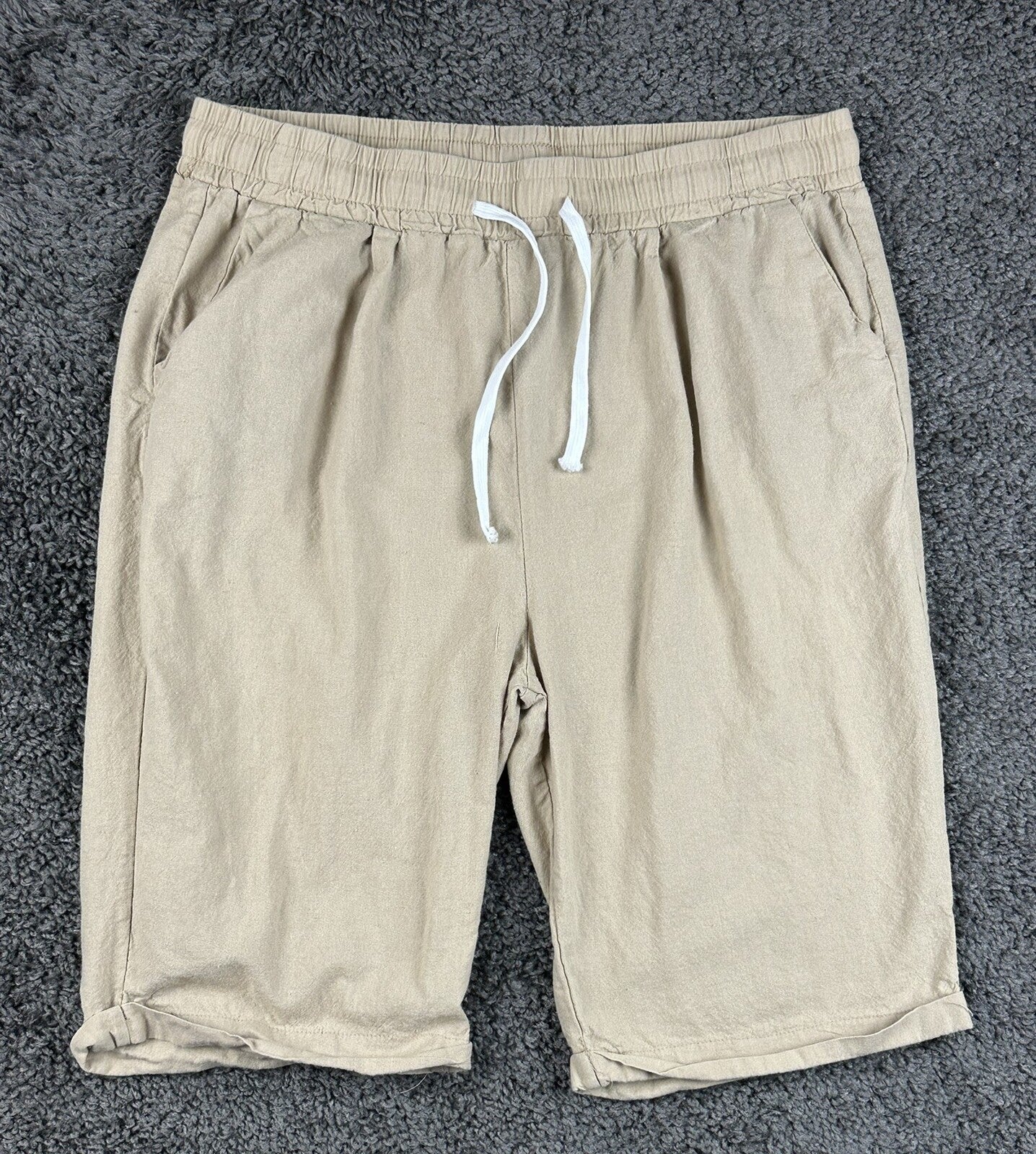Mens 100% Linen Drawstring Shorts M Beige Elastic Waist Casual Beach Resort