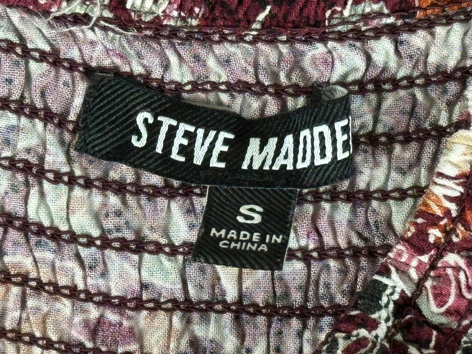 Steve Madden Floral Smocked Maxi Dress S Burgundy Boho Tiered Strappy Sun Dress