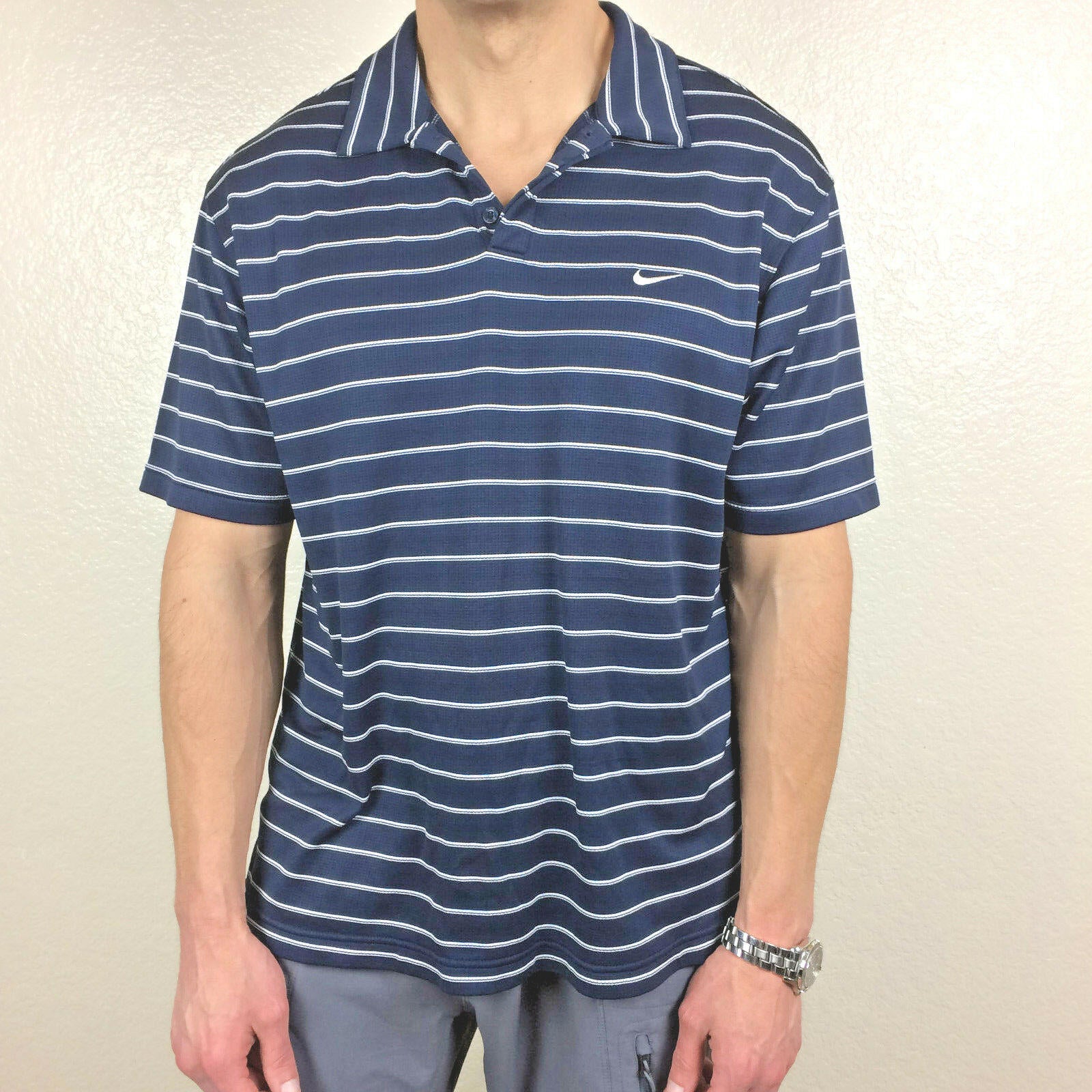 Nike Performance Polo Shirt Men’s Sz XL Blue White Striped Short Sleeve Golf Tee