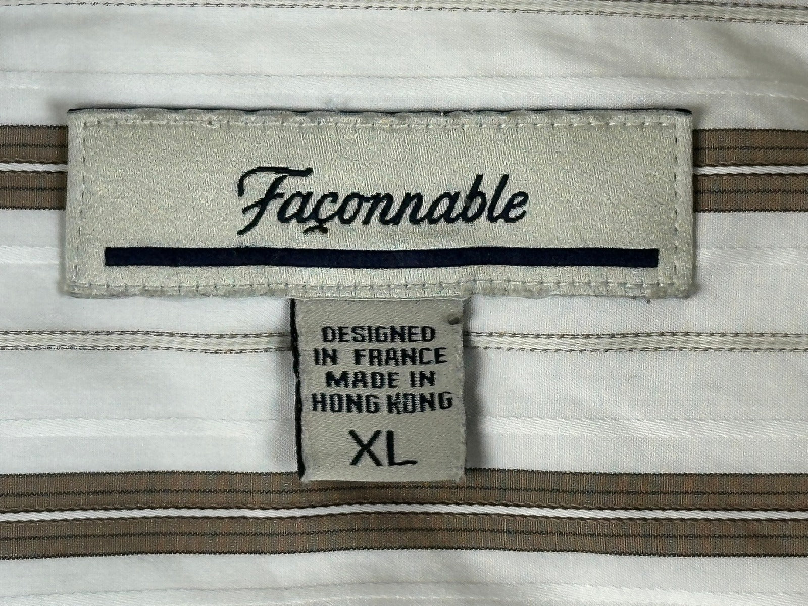 Faconnable Mens XL White Brown Stripe Long Sleeve Button Up Cotton Shirt