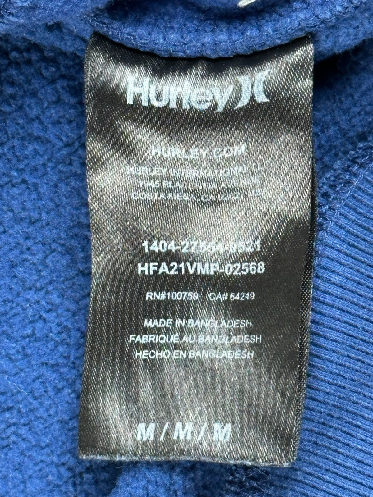 Hurley Mens M Blue Varsity Logo Crewneck Fleece Sweatshirt Ribbed Side Panels