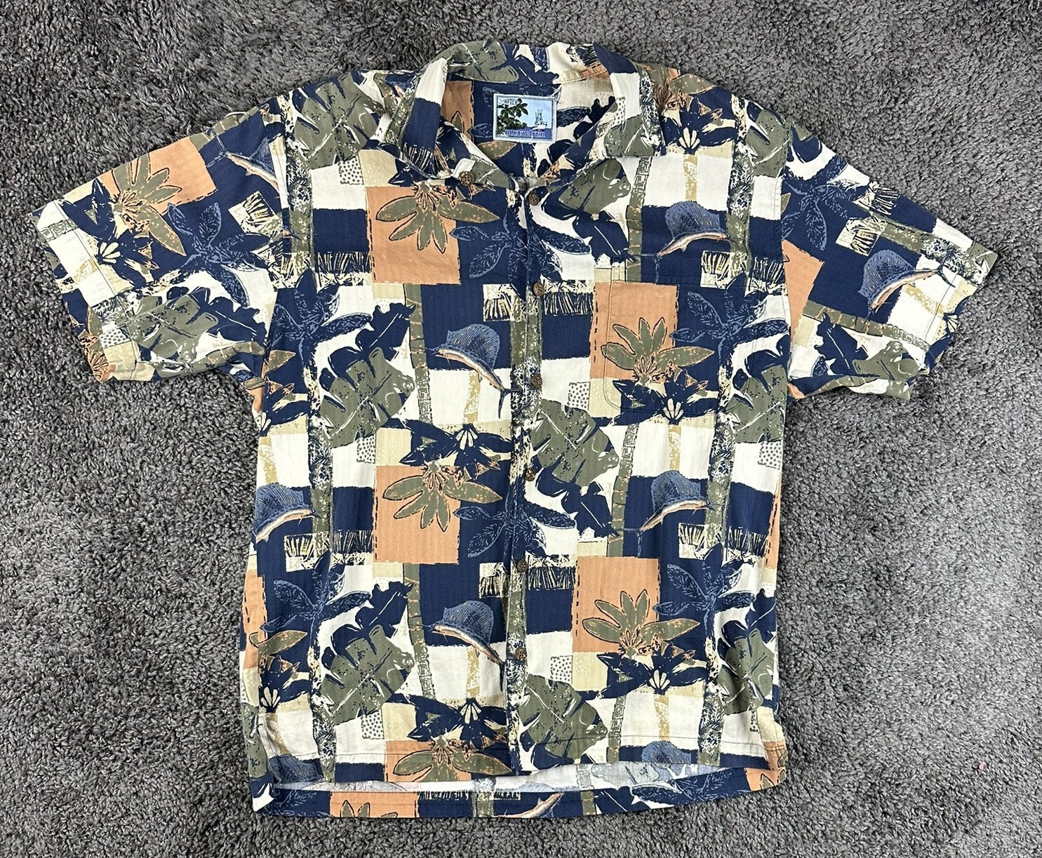 AFTCO Bluewater Mens Large L Hawaiian Fishing Shirt Marlin Sailfish Tropical