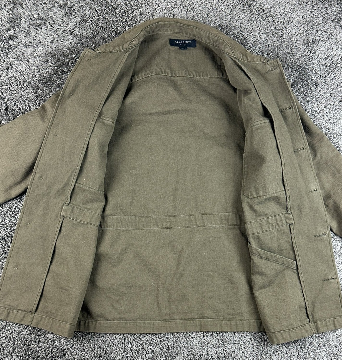 AllSaints Sapper Mens XL Military Overshirt Jacket Olive Green Distressed Cotton