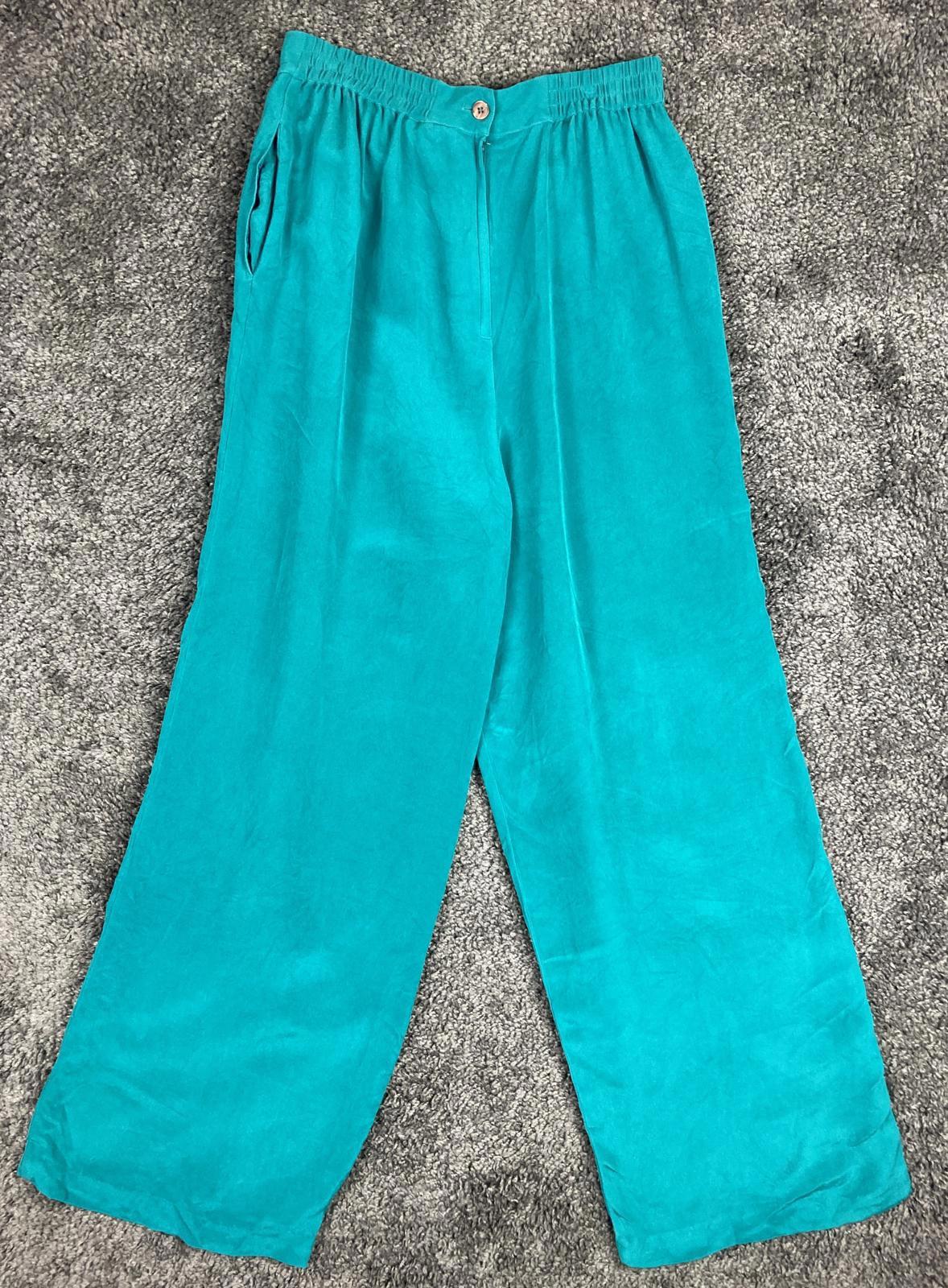 Papell Too Silk Pants Wide Leg Women’s Teal Elastic Waist Size 12