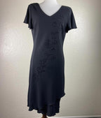 SL Fashions Black Beaded Floral Dress Women Size 6 Approx Asymmetrical Hem