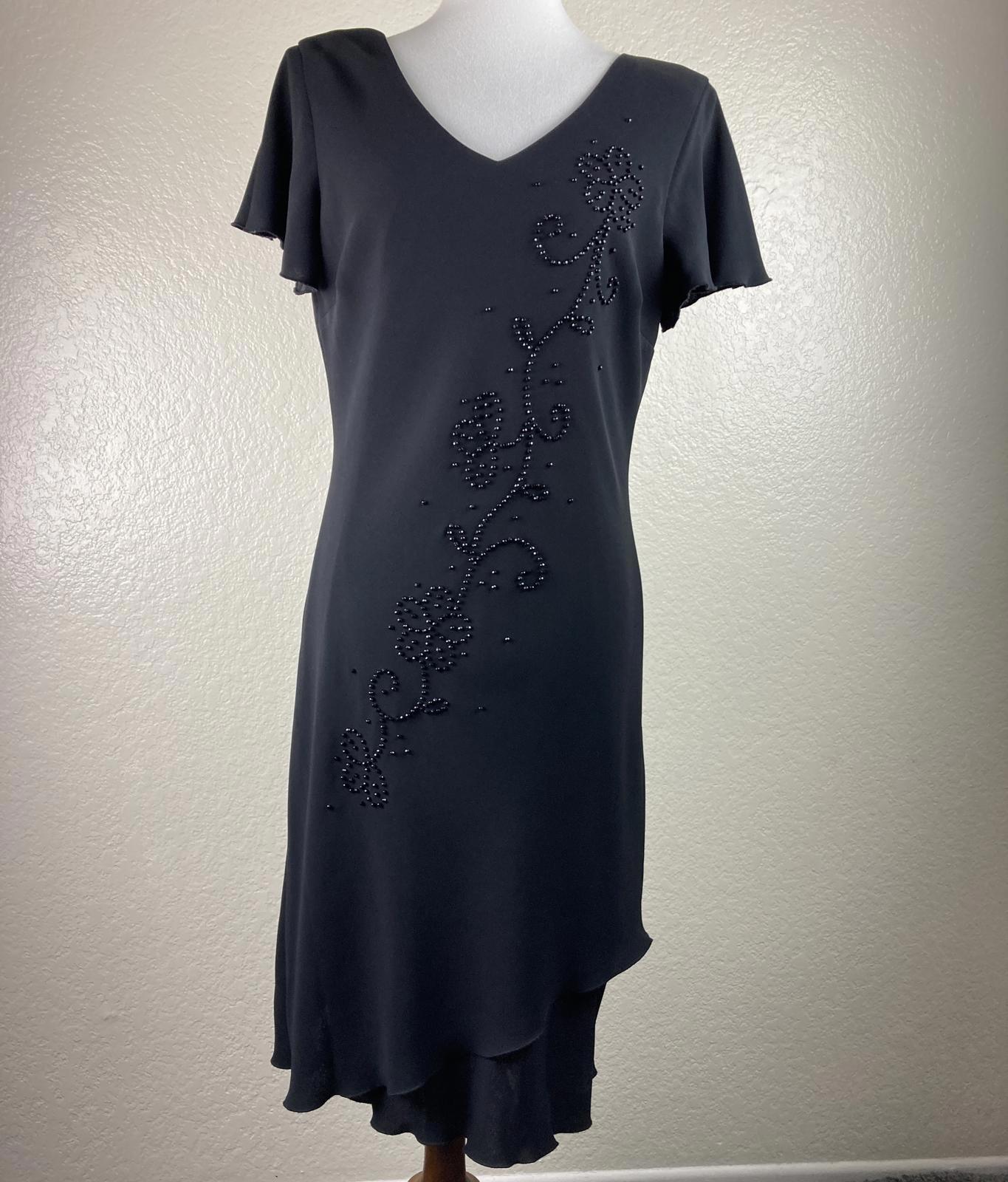 SL Fashions Black Beaded Floral Dress Women Size 6 Approx Asymmetrical Hem