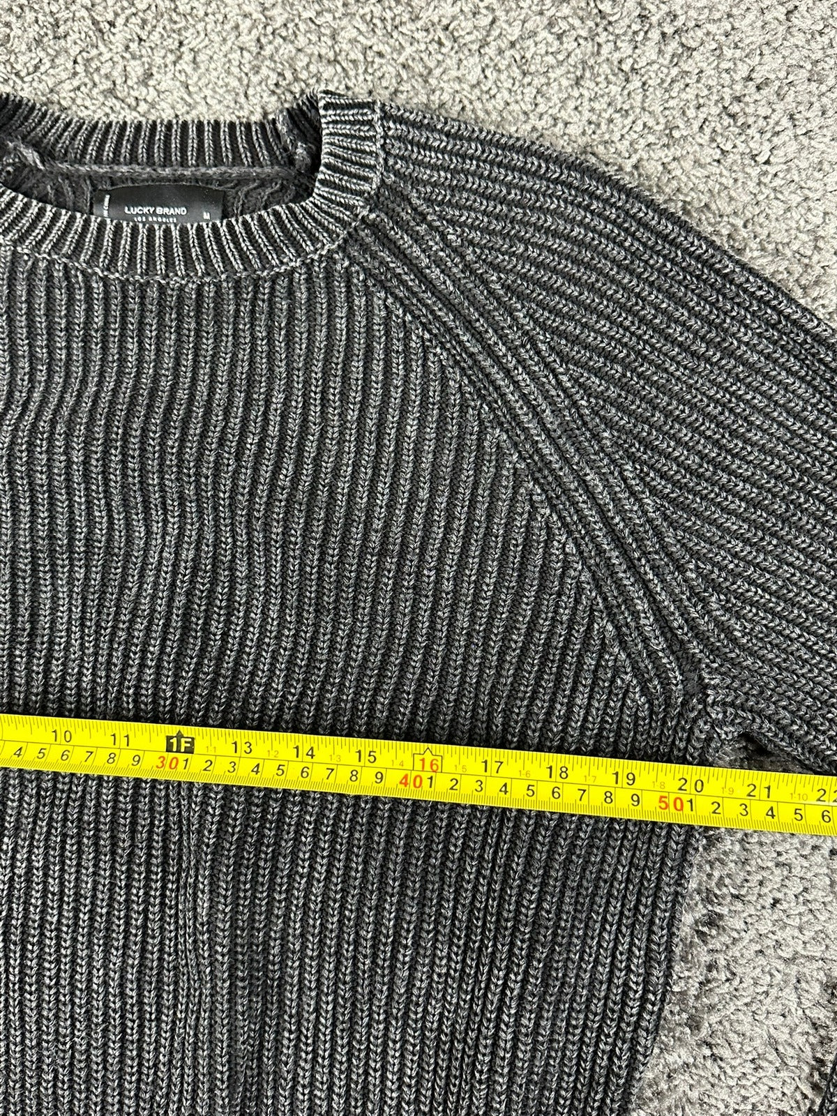 Lucky Brand Mens Medium Charcoal Acid Wash Ribbed Cotton Crewneck Sweater