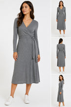 ZARA Gray Knit Wrap Midi Dress Long Sleeve Sweater Tie Waist Womens Size M