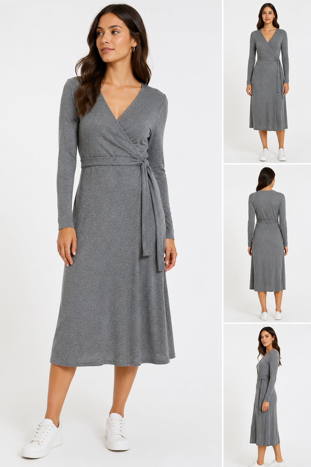 ZARA Gray Knit Wrap Midi Dress Long Sleeve Sweater Tie Waist Womens Size M