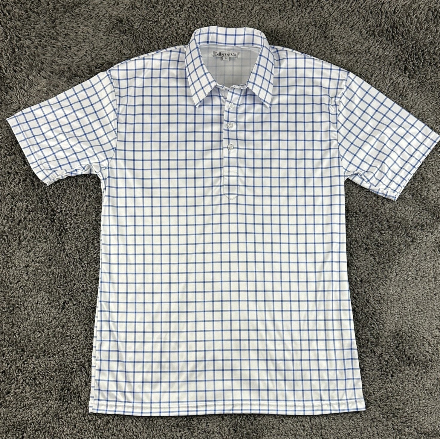 Collars & Co Dress Collar Polo Mens Large L Blue Grid Check Golf Performance