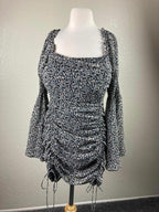 Vici Morris Floral Bell Sleeve Ruched Mini Dress Black White Boho Square Neck S