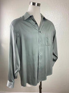 Geoffrey Beene Mens Green Sateen Dress Shirt 17.5 Neck 36 37 Sleeve Button Up