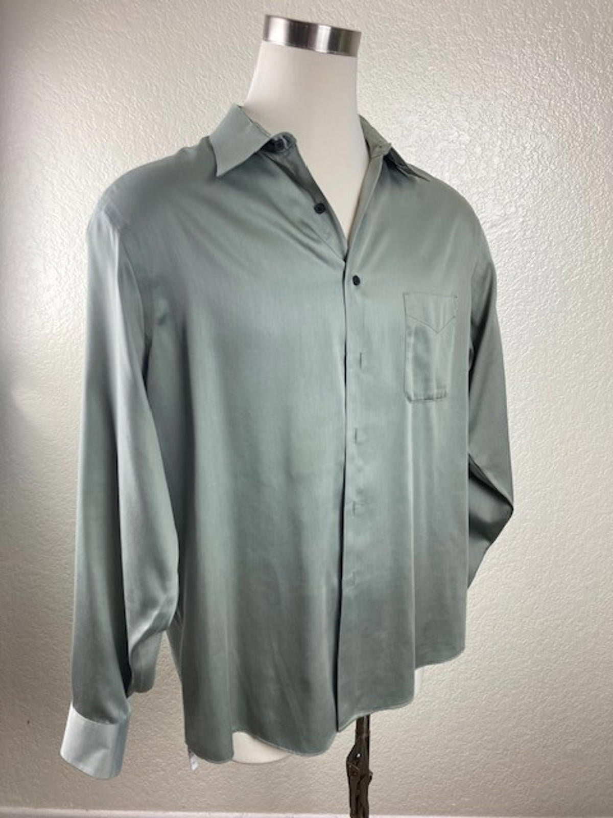 Geoffrey Beene Mens Green Sateen Dress Shirt 17.5 Neck 36 37 Sleeve Button Up
