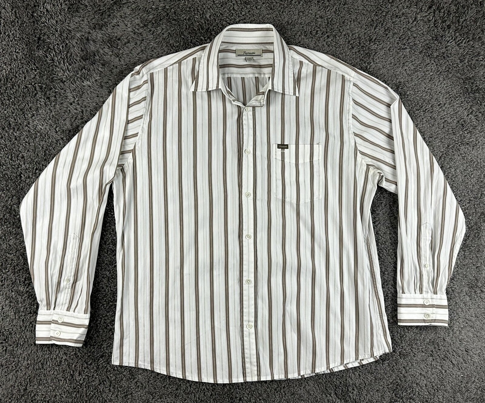 Faconnable Mens XL White Brown Stripe Long Sleeve Button Up Cotton Shirt
